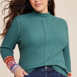 Maurices Teal Waffle Knit Top with Colorful Cuffs